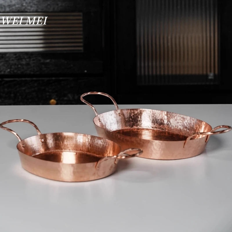 Handcrafted Pure Copper Oval Roasting Pan,Steak Plate Western-Style Dinner Dish Double-Handled Skillet Flat Bottom Pan Tableware