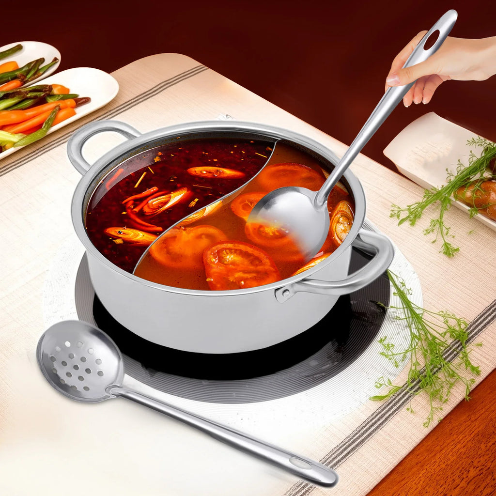 304 Stainless Steel Dual Compartment Hot Pot 26cm Double Soup Cookware with Lid & Utensils Set
