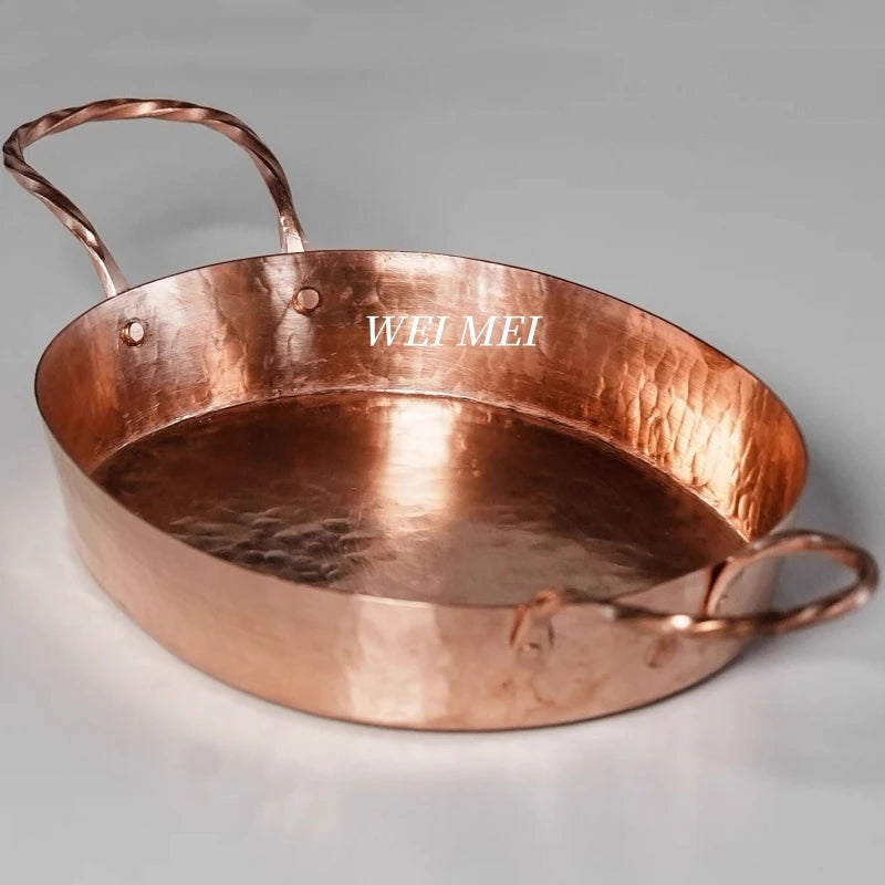 Handcrafted Pure Copper Oval Roasting Pan,Steak Plate Western-Style Dinner Dish Double-Handled Skillet Flat Bottom Pan Tableware