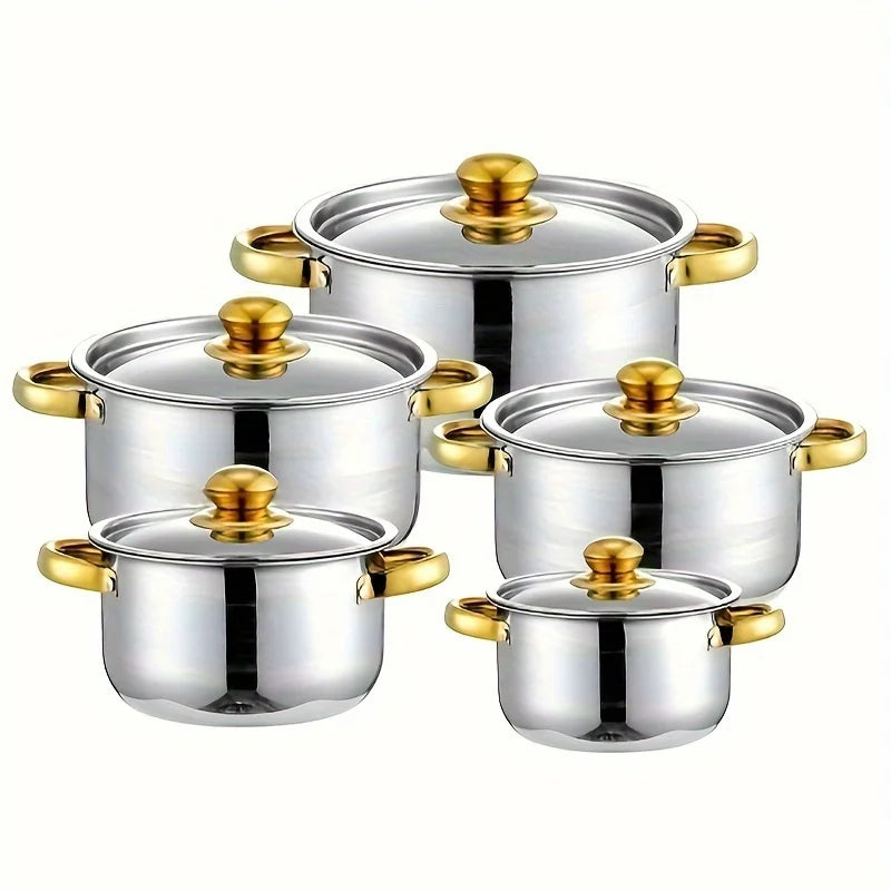 5-piece stainless steel cookware set includes a multi-purpose soup pot with lid, perfect for stewing and cooking