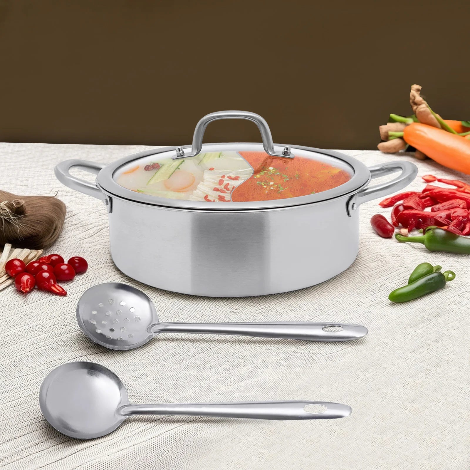 304 Stainless Steel Dual Compartment Hot Pot 26cm Double Soup Cookware with Lid & Utensils Set