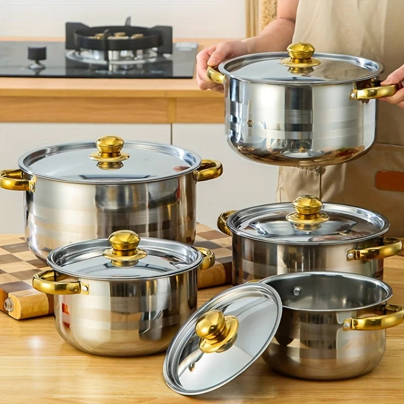 5-piece stainless steel cookware set includes a multi-purpose soup pot with lid, perfect for stewing and cooking