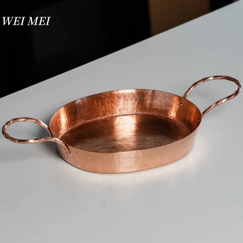 Handcrafted Pure Copper Oval Roasting Pan,Steak Plate Western-Style Dinner Dish Double-Handled Skillet Flat Bottom Pan Tableware